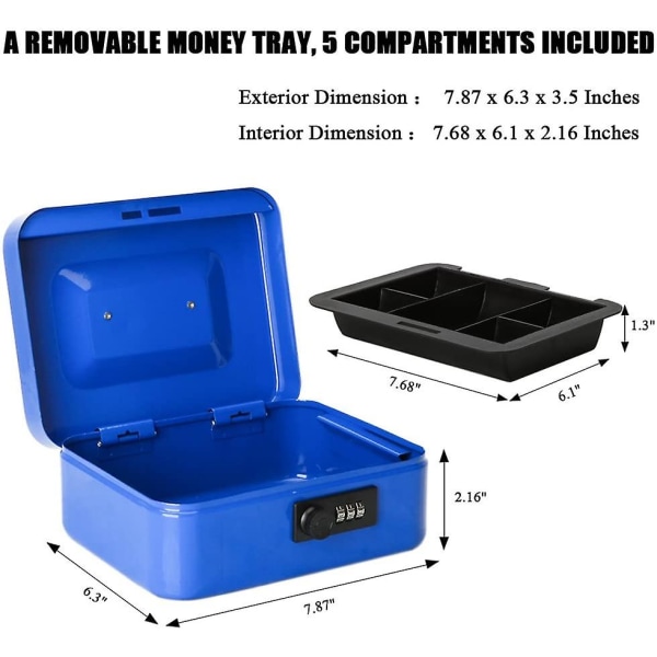 Lille pengekasse med kombinationslås Holdbar metalkasse med pengebakke Sort, 7,87 X 6,3 X 3,35 tommer Blue