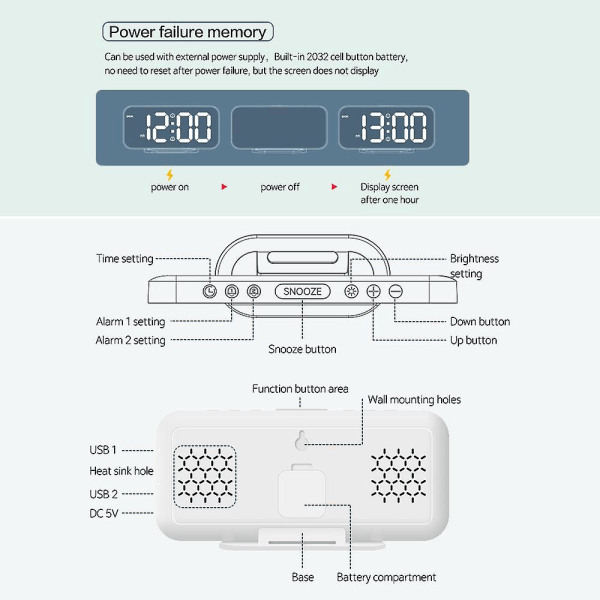 Digitalt vækkeur, spejl elektronisk ur, dobbelt vækkeur, med 2 usb-opladningsporte, lysstyrkejustering LED-ur-sort