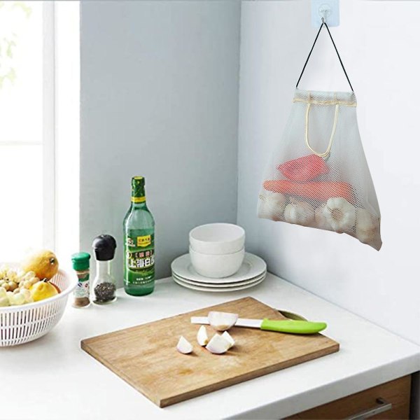 5-pack återanvändbara mesh för hängande förvaring av frukt och grönsaker, köksförvaring, tvättbara och vikbara nätpåsar White
