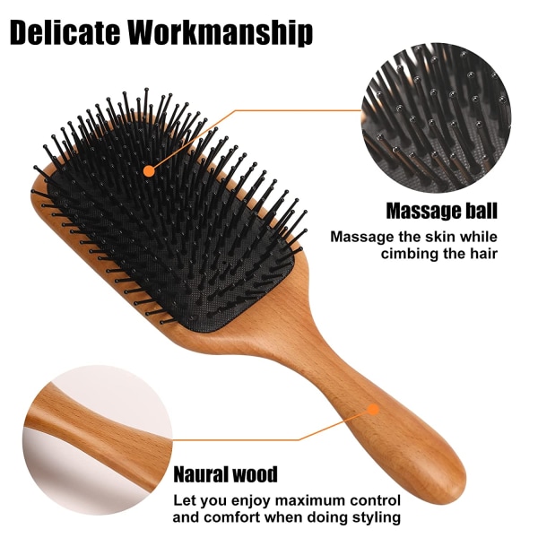 Natural Wooden Hair Brush for Thick, Curly, Thin, Long and Short Hair, Dry or Wet Eco-Friendly Beech Massage Brush for W