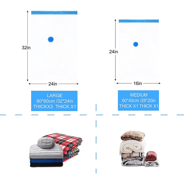 6 tyhjiösäilytyspussia, mukaan lukien 2 keskikokoista (60 x 80 cm), 4 pientä (40 x 60 cm) uudelleenkäytettävää matkavakuumipussia patjoille Vuodevaatteet Tyynyt Vaatteet