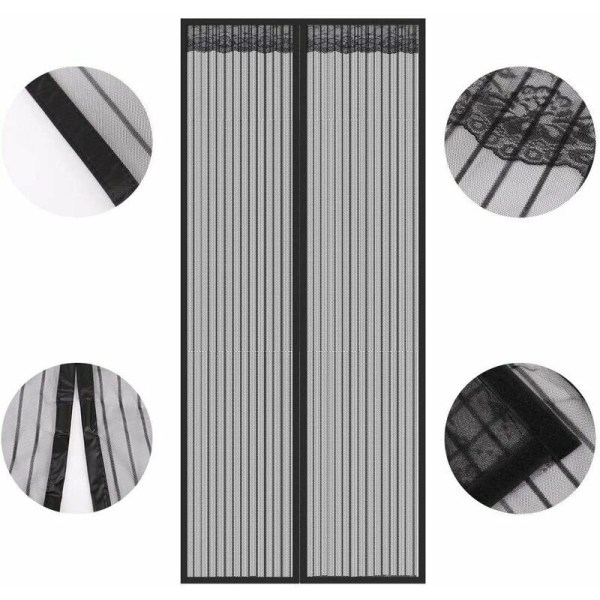 90 x 210 Black Striped Summer Screen Window, Self-Closing Magnetic Screen Door, No Drilling Required, Easy to Install, P