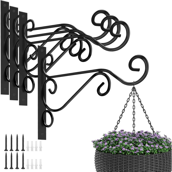 Set med 4 väggkrokar för järnväxter för utomhusbruk - för planteringar, fågelmatare, lyktor, vindspel - svart