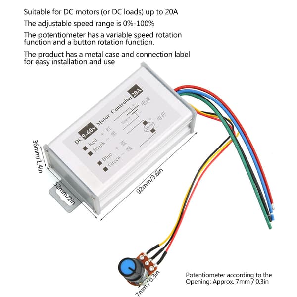 PWM Motorhastighetskontroller Bryter 20A 9V 12V 24V 48V 60V Variabelt Potensiometer Kontroll