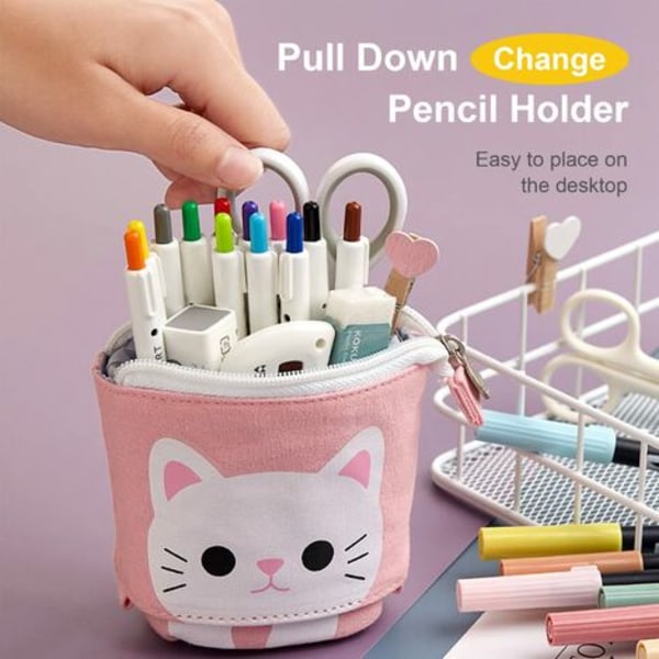 Holdbart canvas, udtrækkeligt blyanthus med sødt kattemønster - Penalhus til studerende og kontorartikler til drenge, Gi