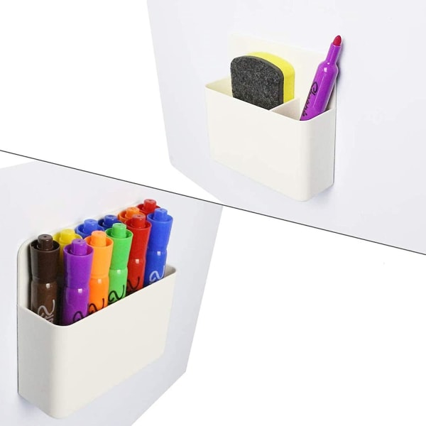 2 delar magnetisk pennhållare, magnetisk förvaringslåda, magnetisk markörhållare, 2 storlekar, för whiteboards / kyl / skolskåp / kontor (vit)
