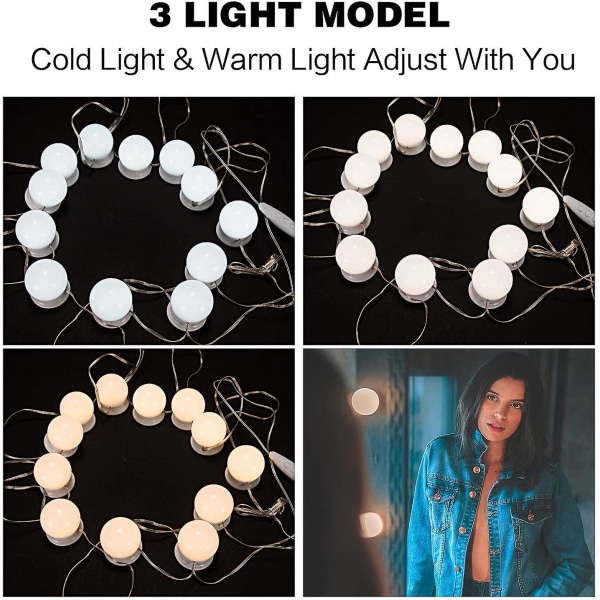 Spegelljus, 12 lampor Hollywood LED-ljussats Dimbar kosmetisk spegellampa för badrum 3 färger 10 ljusstyrkanivåer med adapter (spegel ej
