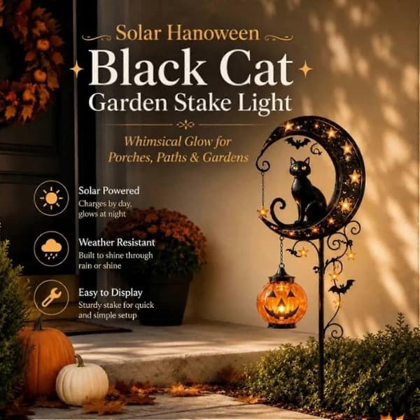 Solar Halloween Sort Kat Havepælelys, Solar Halloween Sort Kat Havepælelys, Græskar Måne Havepælelys Style B