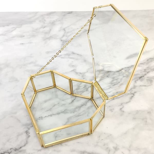 Flip Hjerteformet Geometrisk Smykkeskrin i Glas Ring Display Multifunktionel Opbevaring