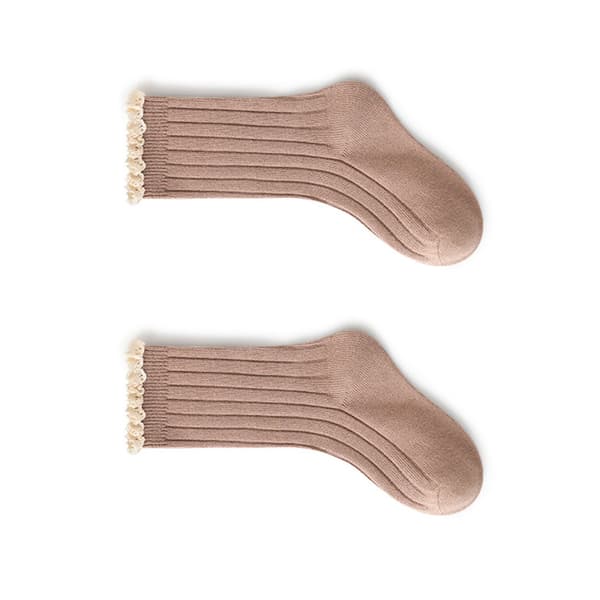 Piger Mid Calf Bomuldsstrømper Blondekant Sømløse Åndbare Khaki Farve 14cm Sållængde til 3-5 år