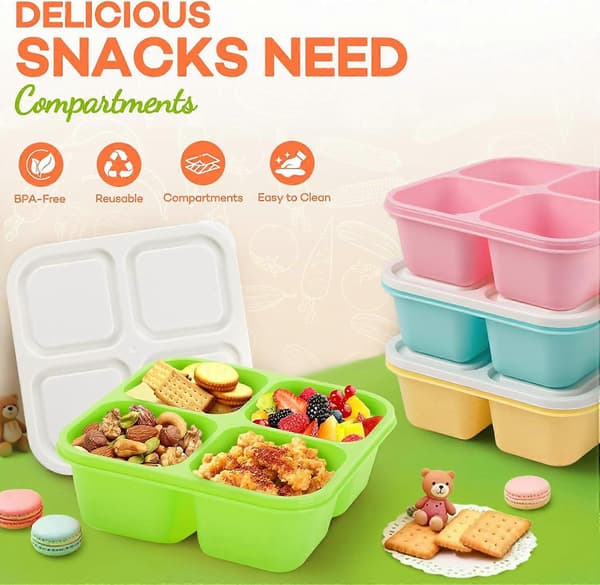 Bento Box Adult Lunch Box - 4-pack, 4-Compartment Snack Containers Reusable Lunch Boxes Stackable BPA-Free Lunch Containers for Home, Work Pink, Green, Yellow, Grass Green