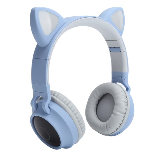 Katteøre Hodetelefon 3D LED-lys Trådløs Bluetooth 5.0 Sammenleggbart Headset med Mikrofon Grå Blå