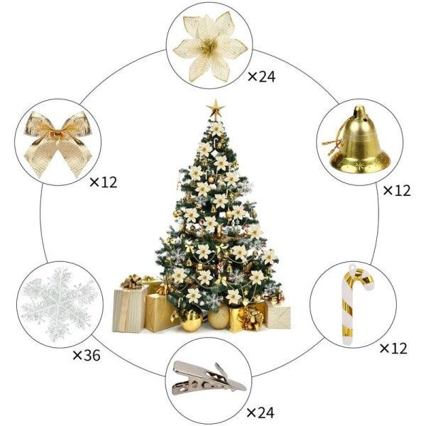 Juletræspynt, 24 stk. 5,91'' kunstige glimmerblomster Juleblomster med 12 stk. sløjfer 12 stk. klokke 36 stk. sne