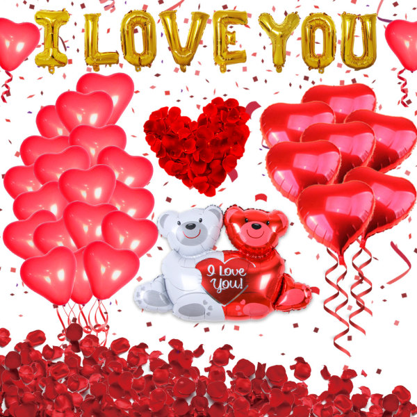 Printed rakkausilmapallot, rakkaushalauskarhun tunnustuskoristeet, ystävänpäivän tunnustusilmapallot (Valentine Hug Bear Rose Set 2),