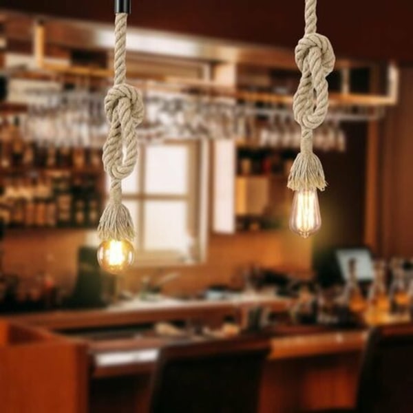 1M Hemp Rope Pendant Chandelier Single Socket Industrial Pendant Lamp Retro Style Creative Adjustable DIY Light for Livi