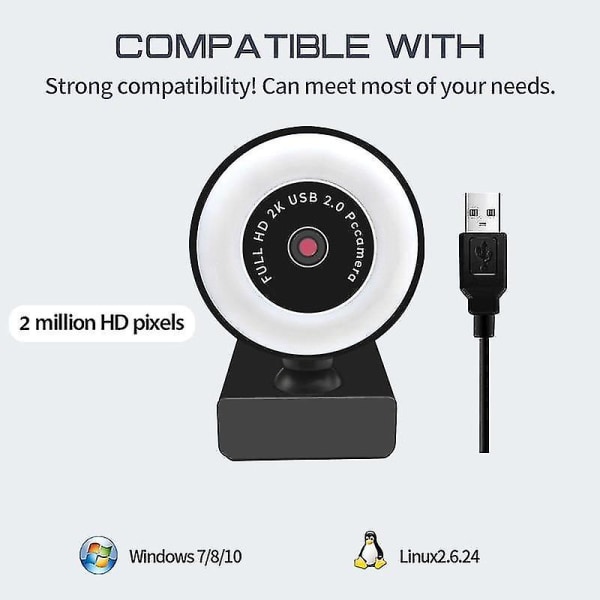 1080p / 2k HD USB 2.0 automaattitarkennettava verkkokamera mikrofonilla ja led-rengasvalolla pöytäkoneelle/kannettavalle