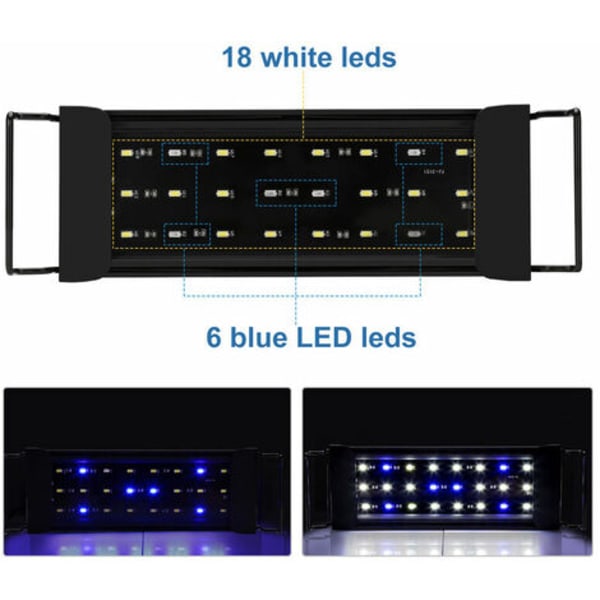 12W LED Aquarium Lighting Vit+Blå Toppljus Aquarium Vattentät 30-50cm