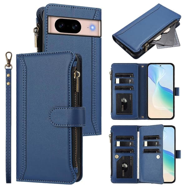 Magnetic Closure 9 Card Slots Zipper Leather Case with Hand Strap Dark Blue Dark Blue For Google Pixel 8a