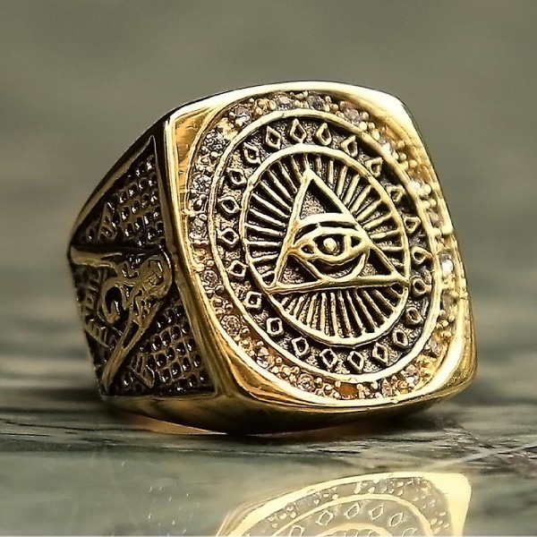 Vintage tungt rostfritt stål All Seeing Eye Ring För Män Kristall Guld Färg Mason Masonic Punk Man Ring Mode Smycken Present