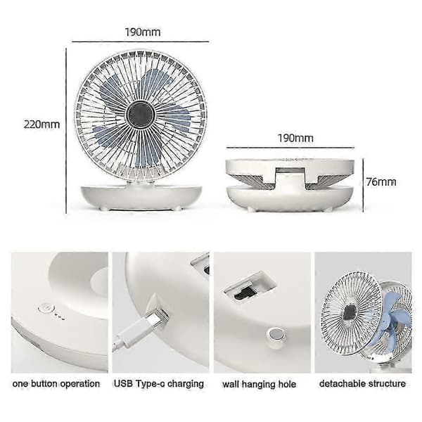 Dobbeltanvendelig køkkenventilator, genopladelig ventilator, trådløs ventilator til soveværelset, trådløs bordventilator - hvid