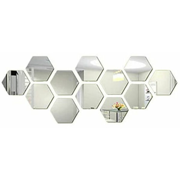 Kuusikulmaiset seinätarrat, 12 kpl suuret irrotettavat akryylipeiliseinätarrat kodin olohuoneen sisustukseen, hopea