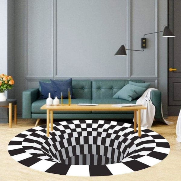 3D Optisk Illusion Rundt tæppe Skridsikret gulvmåtte, Sort Hvid Ikke-vævet dørmåtte til soveværelse Stue Boligindretning Tæppepuder A(90cm),
