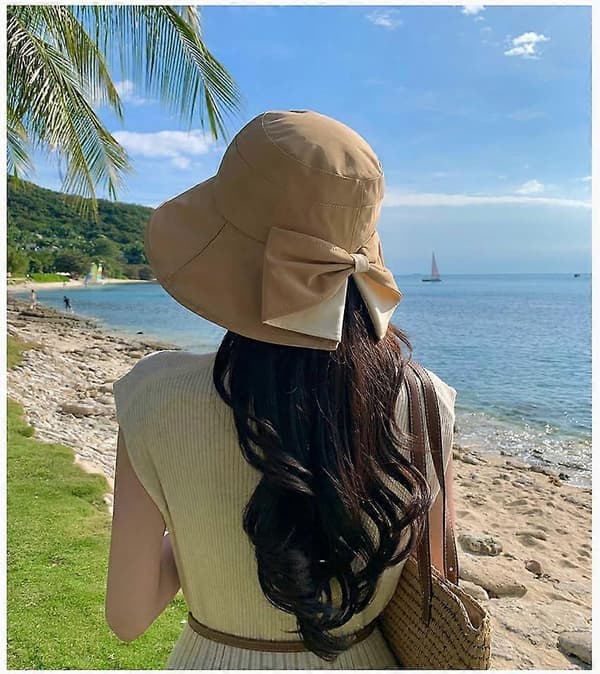 Dame sløjfe solhat med bred skygge, let justerbar sommer strandhat Beige