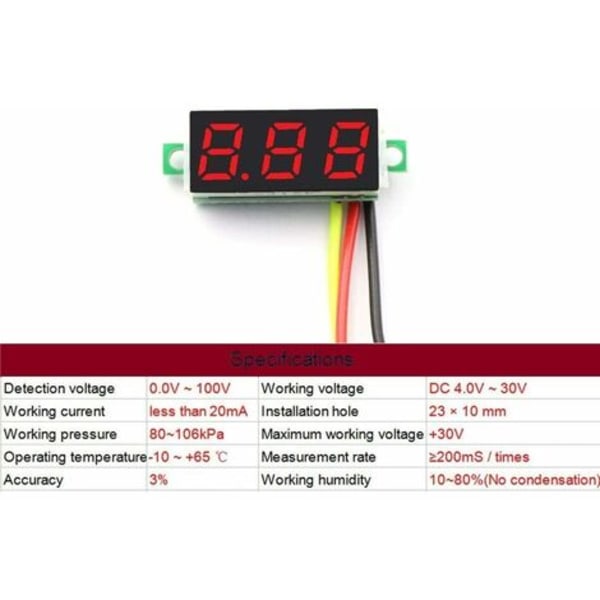 4st minivoltmätare, digital likspänningsmätare 0,28 tum, panel 0-100V DC 3-tråds spänningsmätare LED-skärm, minivoltmeter G