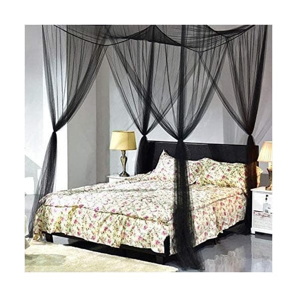 Double Mosquito Net Black 4 Posts Bed Canopy Decorative Princess Square Mosquito Net Large for Indoor Bedroom and Camping