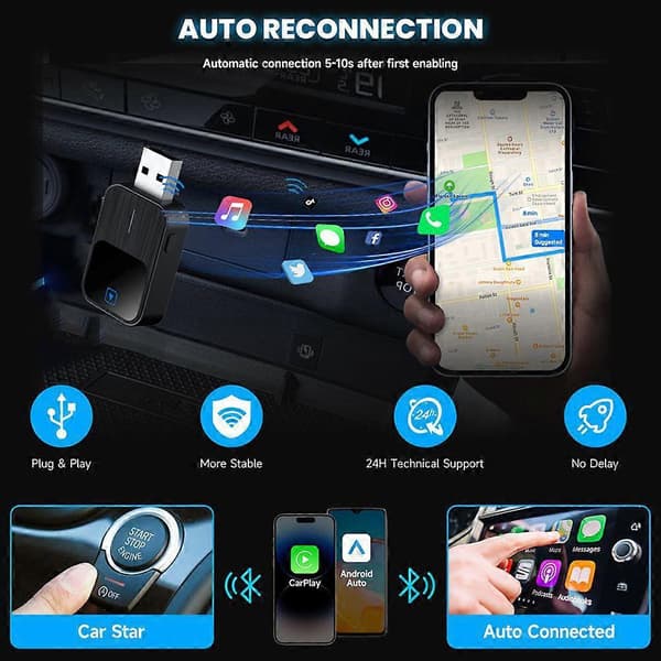2-i-1 Apple CarPlay og Android Auto trådløs adapter - 2025 oppgradert mini-dongle med USB-C, Plug & Play Black