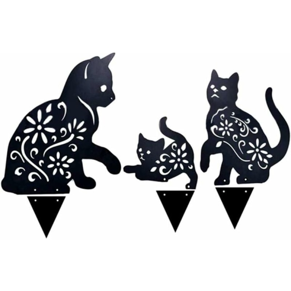 Cat Yard Art Garden Metal Statyer Deco, 3 ST Cat Hollow Out Silhouette Djurform Stake dekorationer, svart