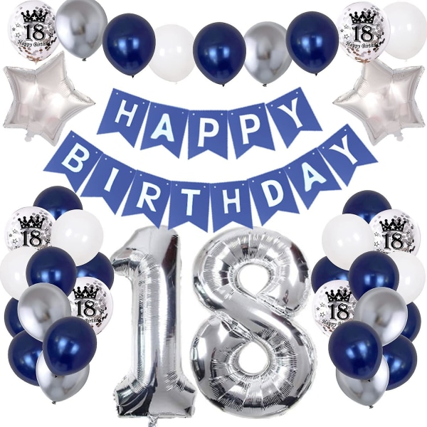 18-års fødselsdagsdekorationer - Silver Navy Man Design - Fødselsdagspynt - Sølvkonfetti - Oppustelige balloner - Nummer 18, Boy Party Decoration