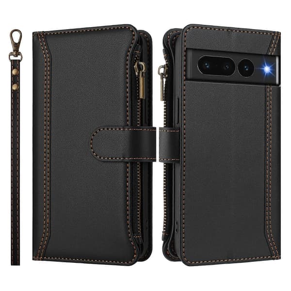 Magnetic Closure 9 Card Slots Zipper Leather Case with Hand Strap Black Black For Google Pixel 7 Pro 5G