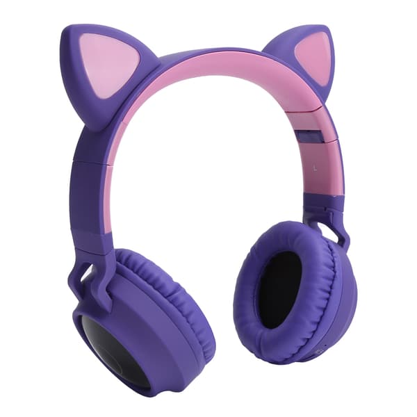 Katteøre Hodetelefon 3D LED-lys Trådløs Bluetooth 5.0 Sammenleggbart Headset med Mikrofon Lilla