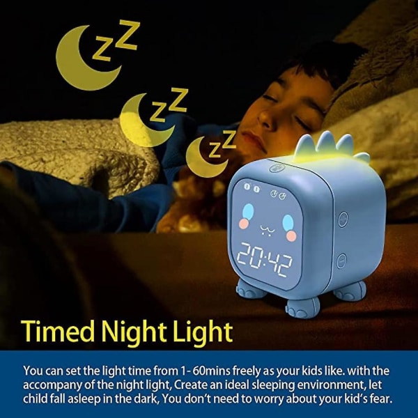Digital väckarklocka för barn, klocka vid sängen, sömntränare för barn, väckningsljus och nattlampa USB -barnpresent. (blå)