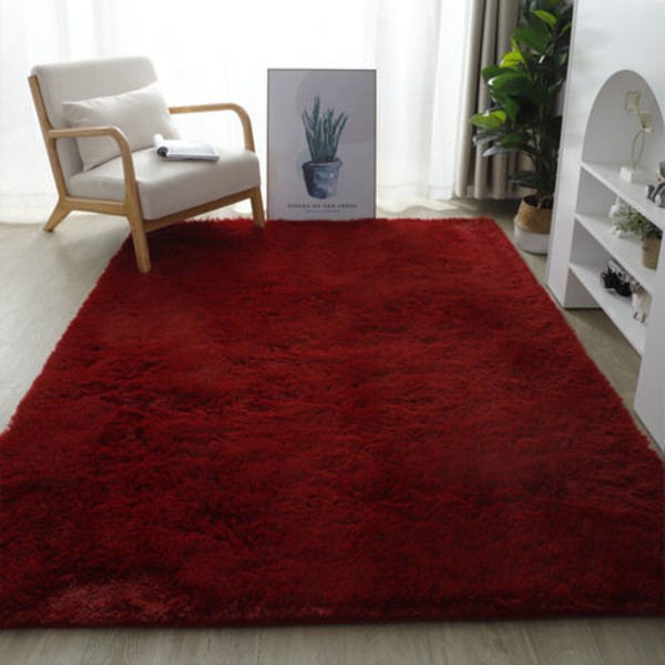 Shag matta för vardagsrum - Modern fluffig - Kort lugg - Halkfri vinröd (80 cm x 160 cm)