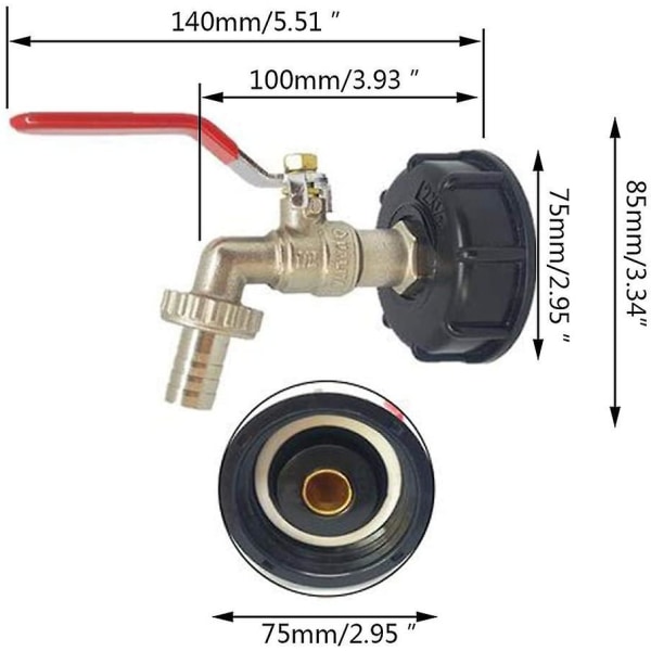 Ibc-adapter med 1/2&quot; S60x6 kulventil i mässing, Ibc trädgårdsvattentank, ersättningsventildelar med gängade beslag