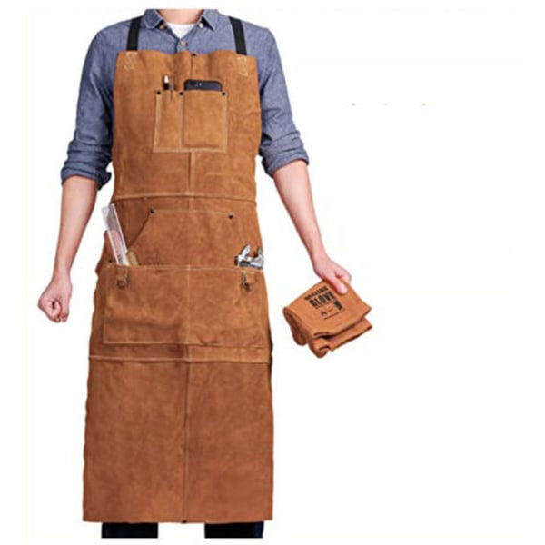 Svejseforklæde, arbejdsforklæde af okselæder med 6 lommer, 24" x 36" multifunktionelt forklæde, justerbare stropper