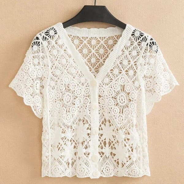 Cardigans i spetsstickning för kvinnor V-ringad kortärmad Boho virkade toppar Knapp ner ihålig avslappnad mode elegant blus White Medium