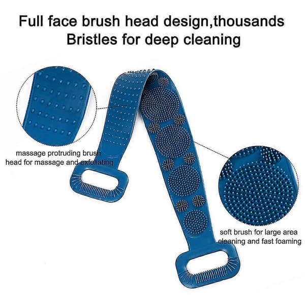 Extra Long Silicone Back Scrubber Belt - Double-Sided Bath Strap for Deep Cleaning and Massage - Blue