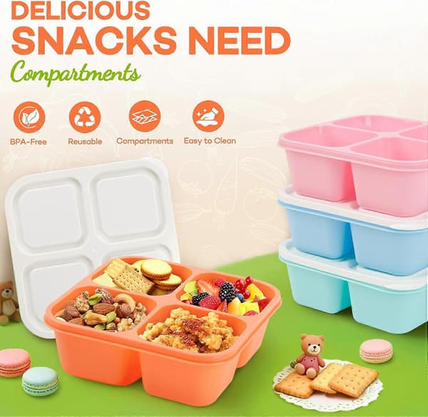 Bento Box Adult Lunch Box - 4-pack, 4-Compartment Snack Containers Reusable Lunch Boxes Stackable BPA-Free Lunch Containers for Home, Work Pink, Orange, Blue, Green