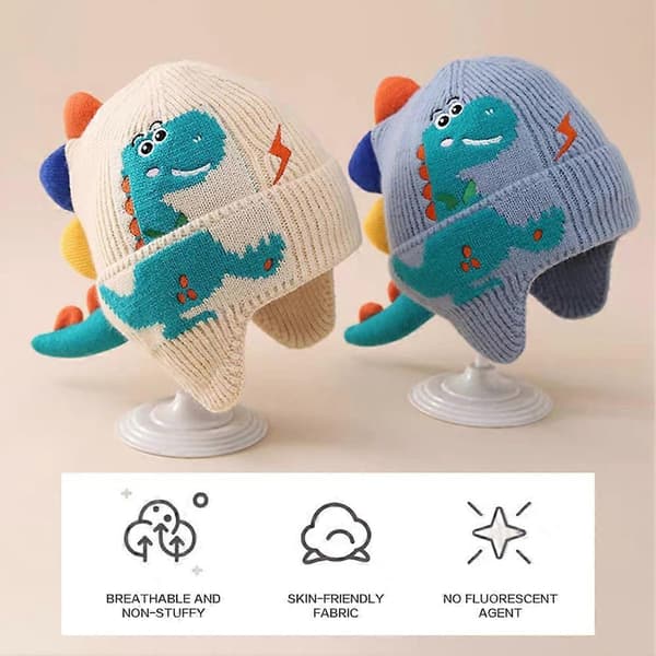 Dinosaur ørebeskyttelseslue for barn, ørelue for gutter og jenter Unisex Dinosaur Vinterlue Light Blue