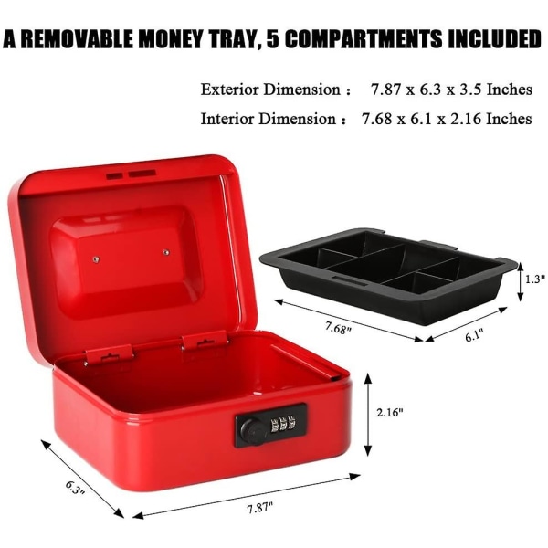 Lille pengekasse med kombinationslås Holdbar metalkasse med pengebakke Sort, 7,87 X 6,3 X 3,35 tommer Red
