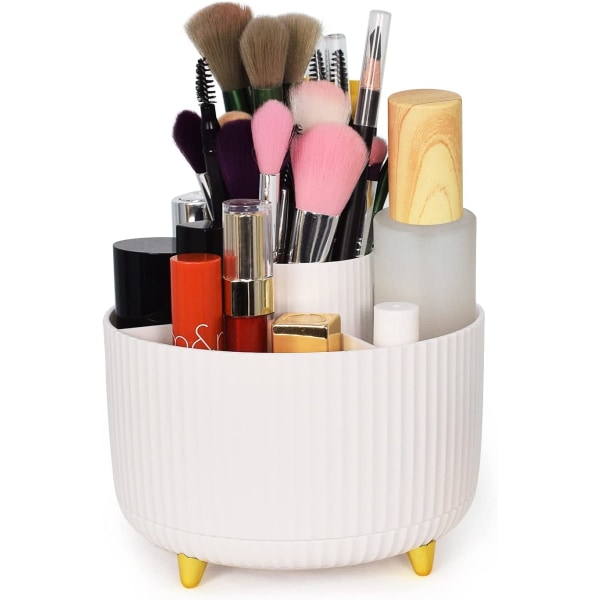 Rotating Makeup Brush Holder Organizer with 5 Storage Slots for Bedroom Bathroom Makeup Brushes (White)