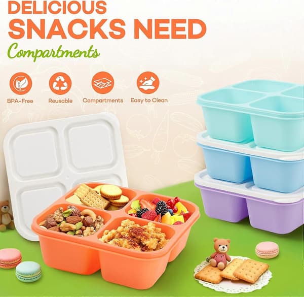 Bento Box Adult Lunch Box - 4-pack, 4-Compartment Snack Containers Reusable Lunch Boxes Stackable BPA-Free Lunch Containers for Home, Work Orange, Purple, Green, Blue
