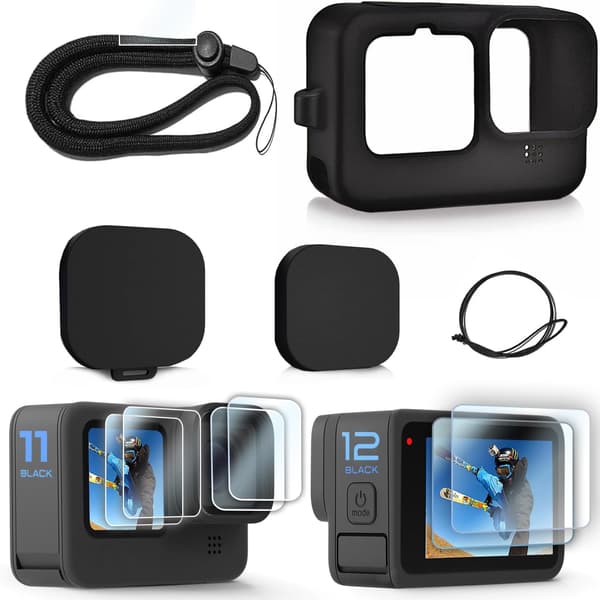 Silicone Case (for Go Pro Hero 12/11/10/9 Black), Lens Cap, Screen Protector and Accessory Kit with Lanyard