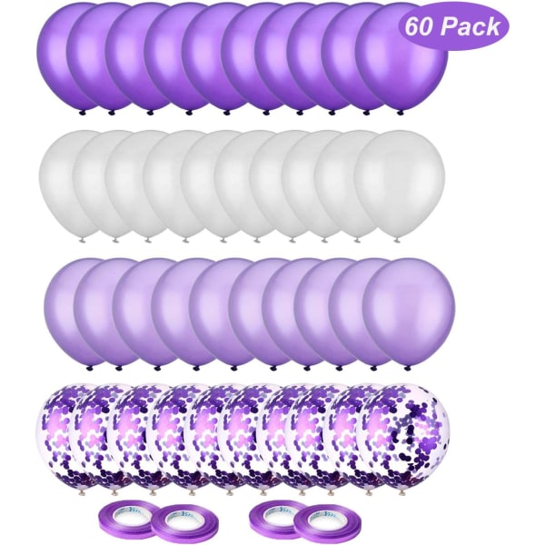 60 vita blå ballonger ballonger med blå konfetti ballonger, 12 tums helium ballonger för bröllopsfödelsedag flicka dopdekoration (lila vit)