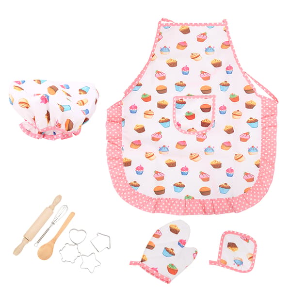 Kök Kostym Rollspel Set för Barn Flickor Förkläde Kockhatt Bakning Matlagning Vante Kakformar Kit 11st Cupcake Mönster