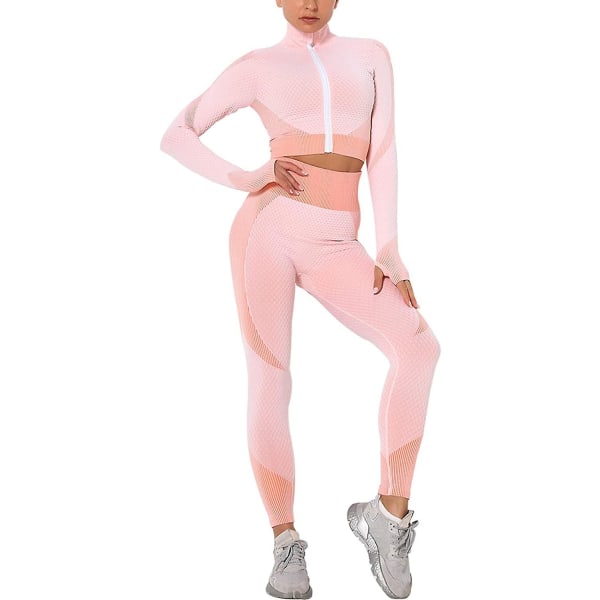 Träningsoverall för kvinnor 2-delat set hög midja Leggings och långärmad Crop Top Yoga Activewear med dragkedja fram Pink S
