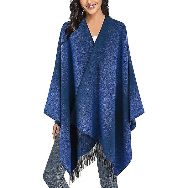 Kvinder stilfuld åben front Cape Oversize strikket sjal wrap til kvinder Blue